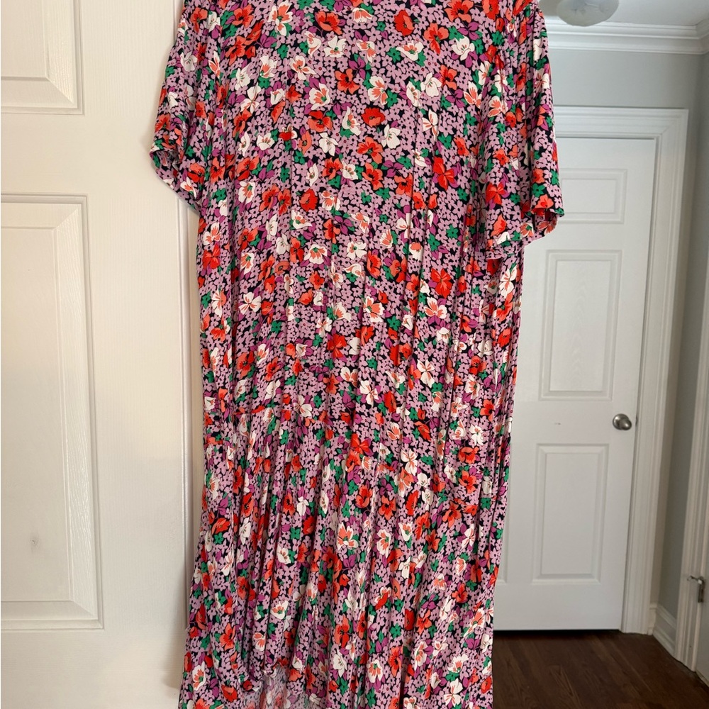 Ann Taylor Purple Floral Midi Dress with Red & Green Accents